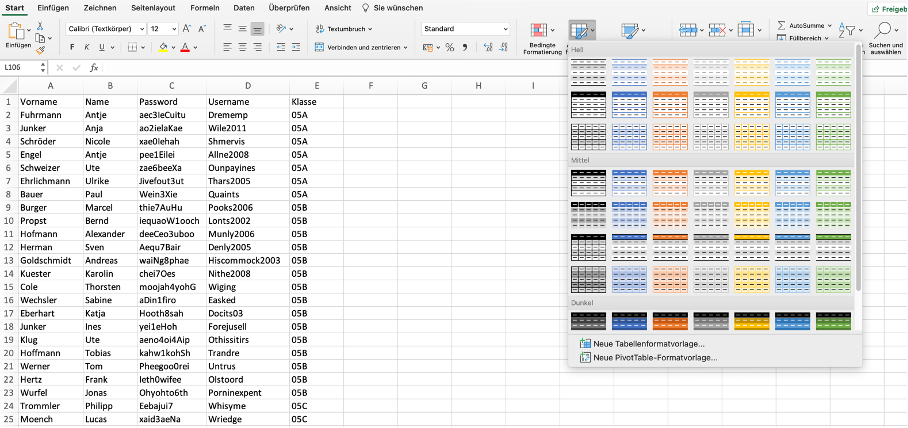 Als Tabelle formatieren